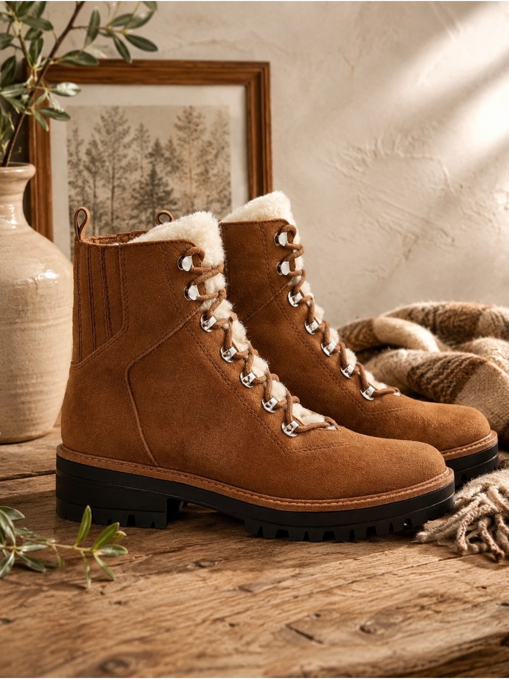 American Eagle Outfitters Sherpa Lined Tan Faux Suede Lace-Up Ankle Boots Sz 10